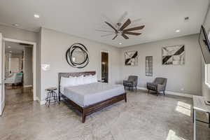 Bedroom with recessed lighting, a ceiling fan, and finished concrete flooring