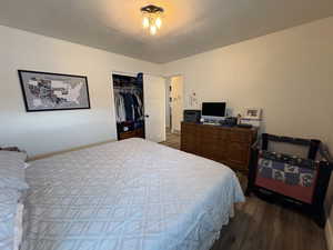 Bedroom featuring dark wood-style floors and a spacious closet
