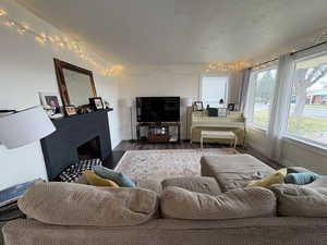 Living area with a fireplace, dark wood-type flooring, and a textured ceiling