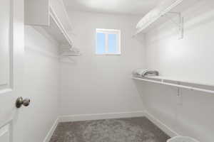 Walk in closet featuring light carpet