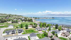 Aerial view of residential area with a water and mountain view