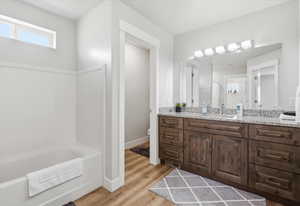 Bathroom with vanity, light wood-style flooring, and a bath