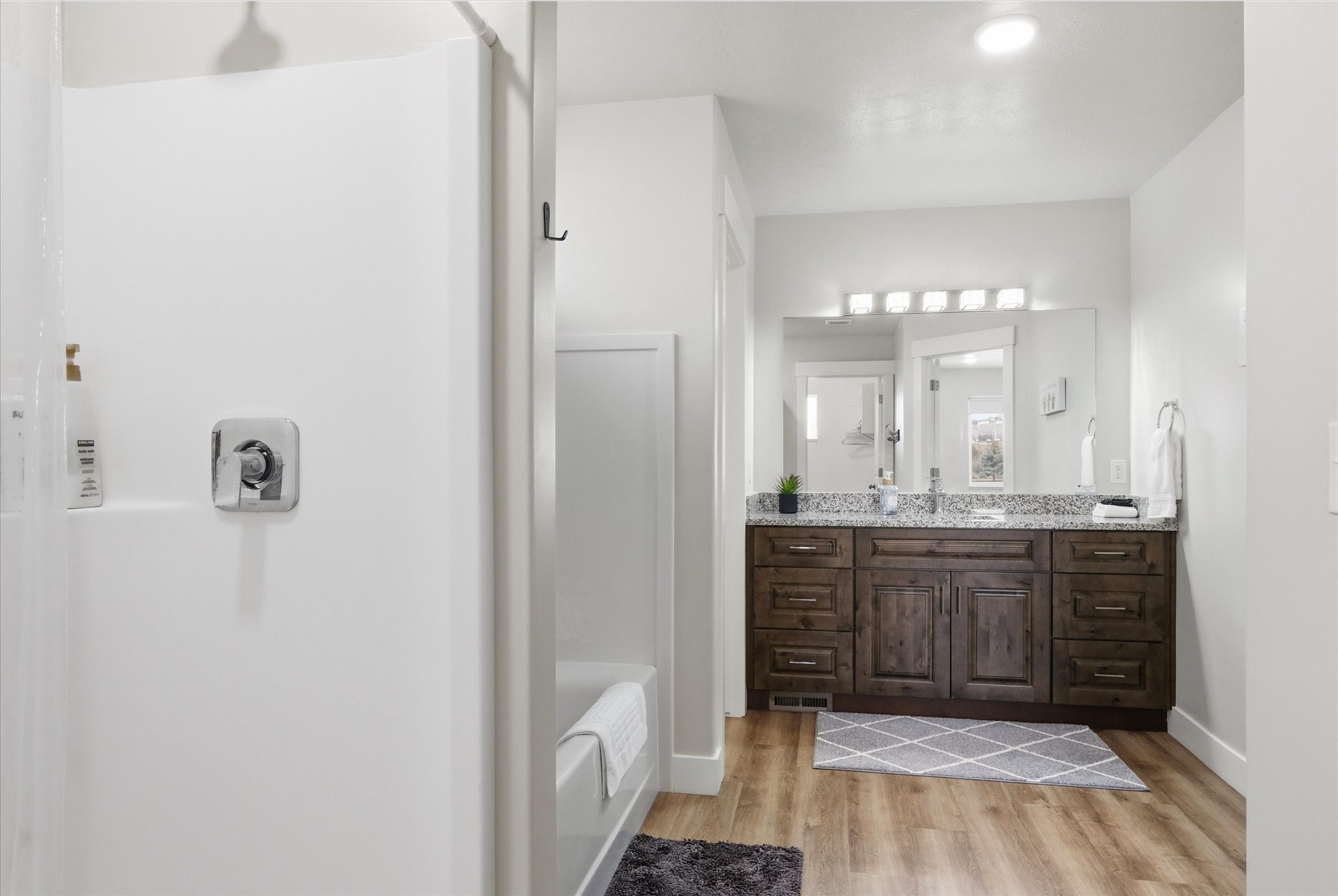 Bathroom featuring vanity, light wood finished floors, a shower, and a bathtub