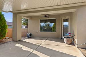 View of patio with ceiling fan