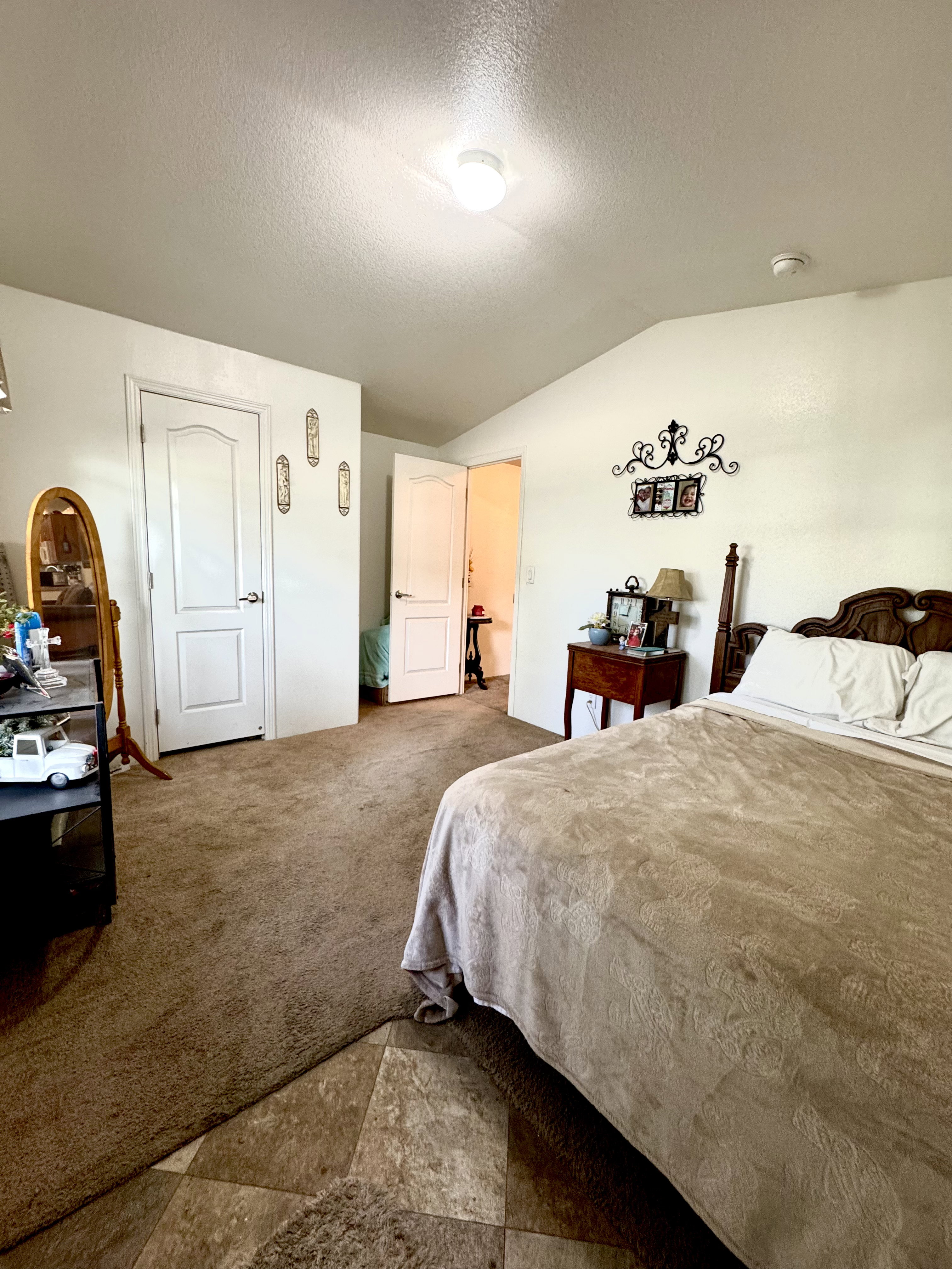 Bedroom with carpet flooring and stone finish flooring