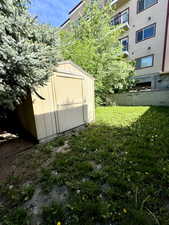 View of green lawn with a storage unit