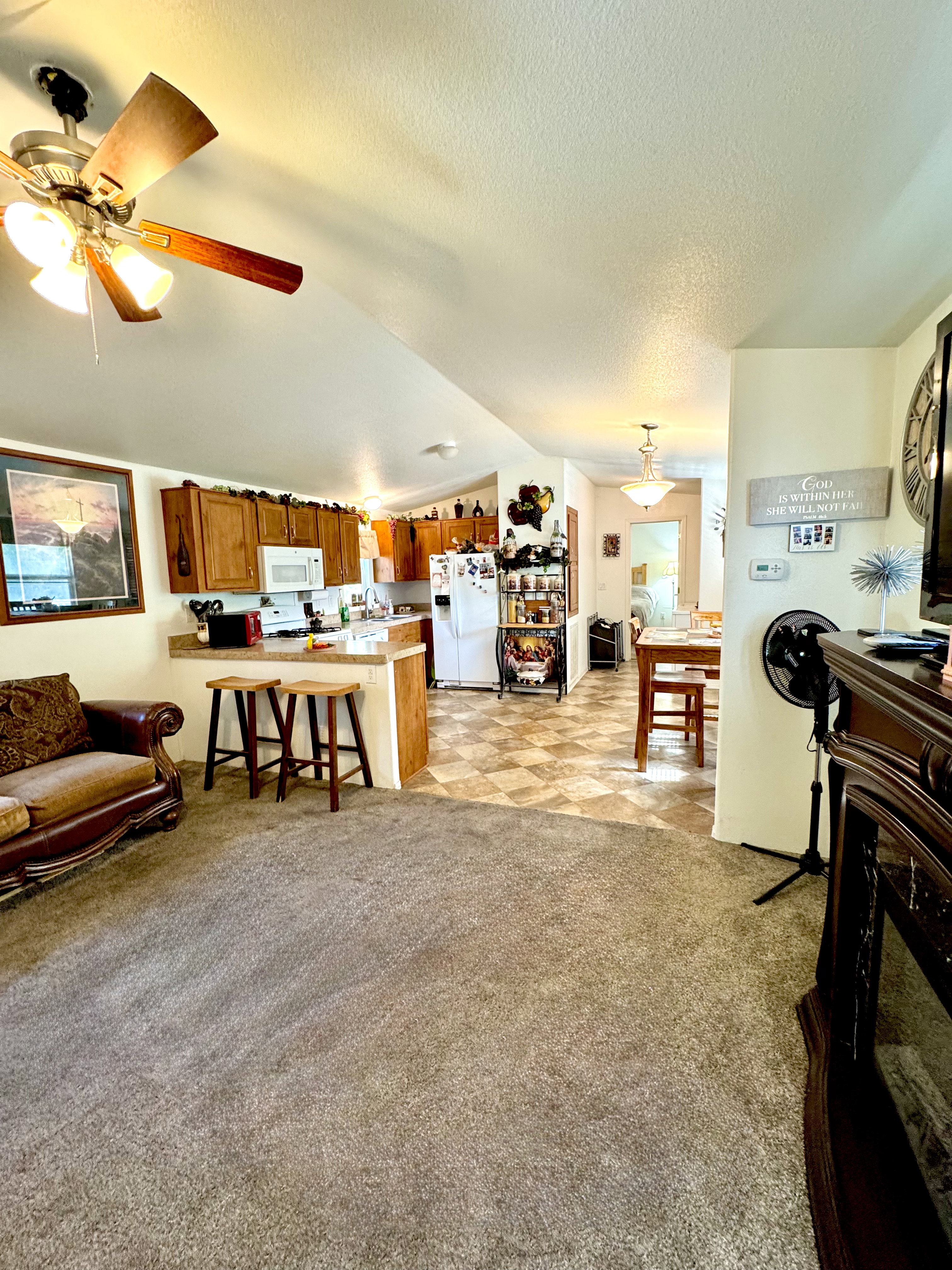 Living room featuring ceiling fan and light carpet