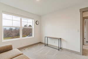 Living area featuring light colored carpet and baseboards