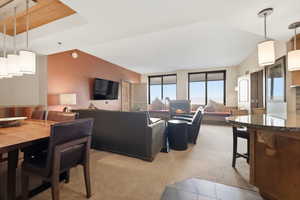 Living area featuring light carpet and a raised ceiling