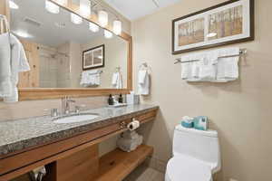 Full bath with vanity and a shower