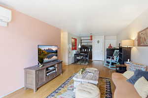 Living room featuring light wood finished floors and a mini split for heating / cooling