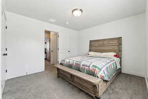 Bedroom with light colored carpet