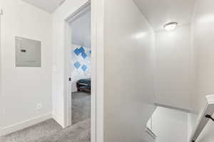 Full bathroom featuring electric panel, light carpet, and connected bathroom