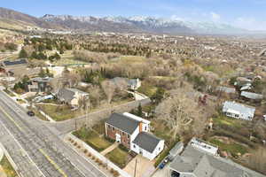 Aerial perspective of suburban area with mountains