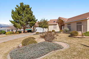 View of front of property featuring stucco siding, driveway, a garage, a front yard, and a tiled roof