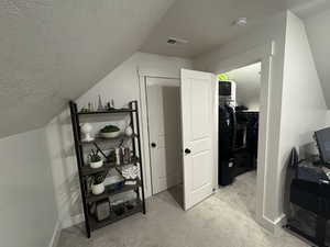 Bonus room with light carpet and baseboards