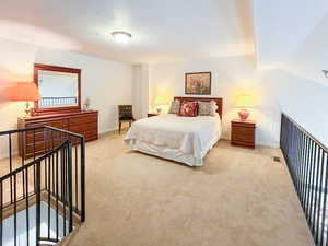 Bedroom with light colored carpet and baseboards