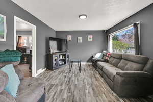 Living room with light wood-type flooring, plenty of natural light, and a textured ceiling