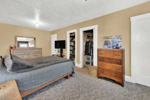 Bedroom featuring light carpet, a textured ceiling, and a spacious closet