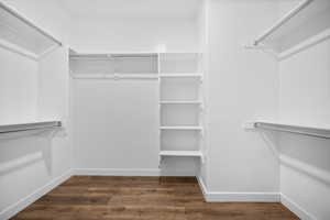 Walk in closet with dark wood finished floors