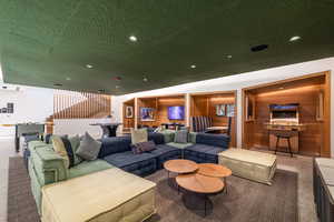 Living area with wood walls and recessed lighting