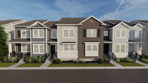 View of front of home with board and batten siding, roof with shingles, a residential view, and brick siding
