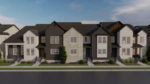 View of front facade with stone siding, a residential view, entry steps, and a shingled roof