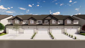 View of front of home with concrete driveway and roof with shingles