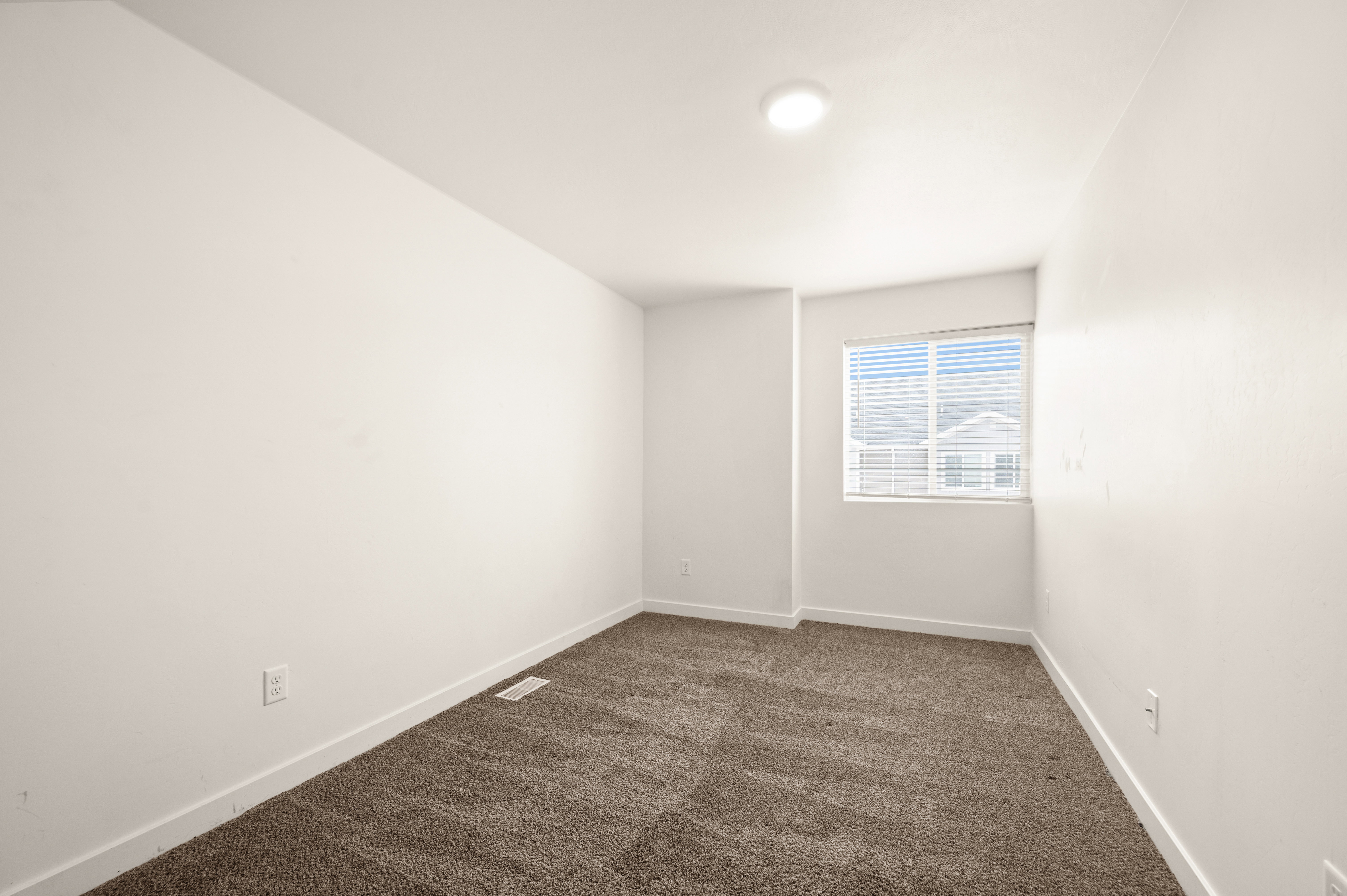 Neutral-toned carpeting paired with white baseboards and walls