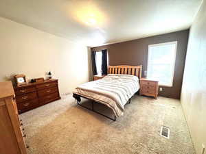 Bedroom with carpet flooring and a textured ceiling