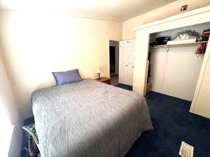 Bedroom with dark colored carpet and a closet