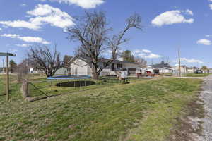 Fenced yard with a trampoline and a residential view