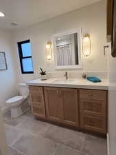 Full bath featuring vanity, curtained shower, and dark tile patterned flooring