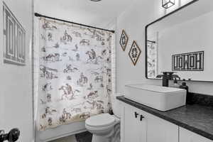 Bathroom with vanity and shower / bath combo with shower curtain