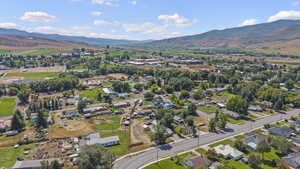 Aerial view of residential area with mountains