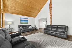 Living room featuring wood finished floors and a vaulted wood ceiling