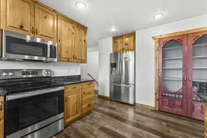 Kitchen with stainless steel appliances, dark wood-style flooring, recessed lighting, dark stone countertops, and wood finish cabinets