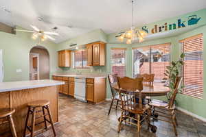 Kitchen/Dining area with vaulted ceilings