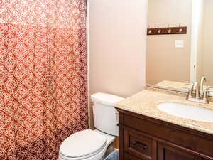 Full bathroom with vanity and a shower with curtain