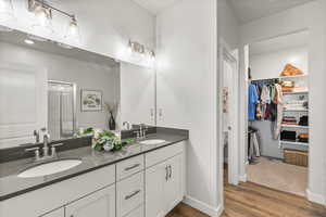 Bathroom featuring double vanity, wood style finished floors, a walk in closet, and a stall shower