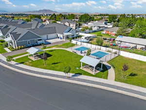Aerial perspective of suburban area featuring mountains