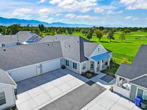 Bird's eye view of mountains and a golf club