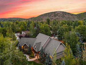 Aerial view at dusk of a mountain view and view of scattered trees