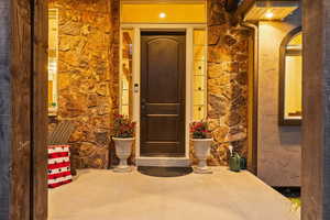 Doorway to property featuring stone siding