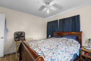 Bedroom with a ceiling fan and wood finished floors