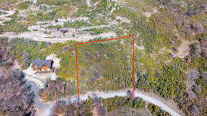 Birds eye view with property lines marked.