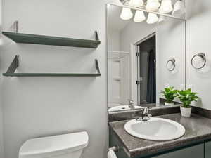 Bathroom with vanity and curtained shower