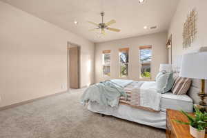 Bedroom with recessed lighting, light carpet, and ceiling fan