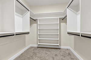 Walk in closet featuring light colored carpet