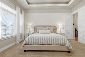 Bedroom featuring a tray ceiling and carpet flooring
